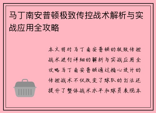 马丁南安普顿极致传控战术解析与实战应用全攻略